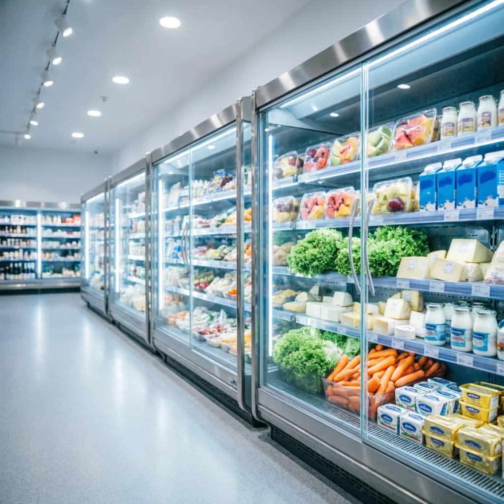 Vitrinas refrigeradas en un comercio ficticio