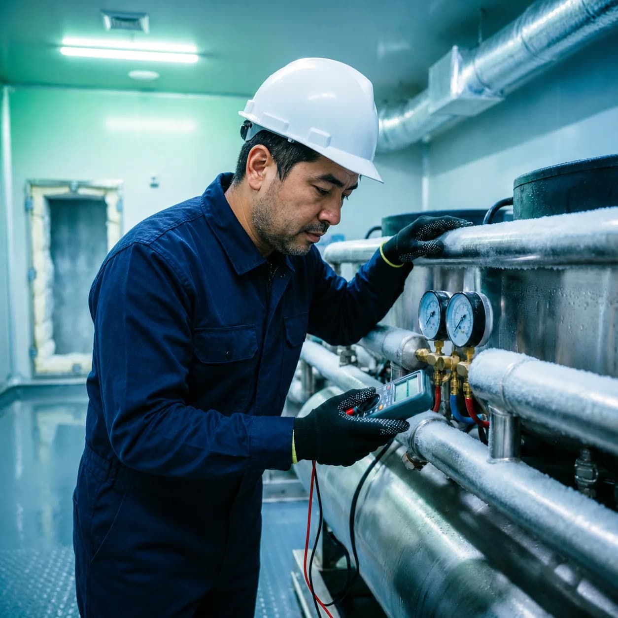 Técnico latinoamericano ficticio revisando un sistema de refrigeración industrial